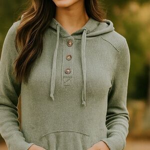 Green Polo Collar Ribbed Hoodie